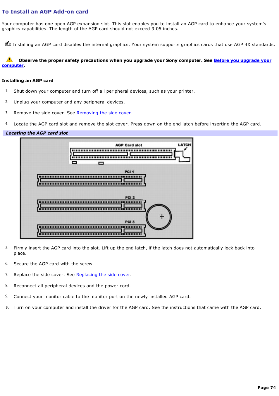 To install an agp add-on card | Sony PCV-RX742 User Manual | Page 74 / 80