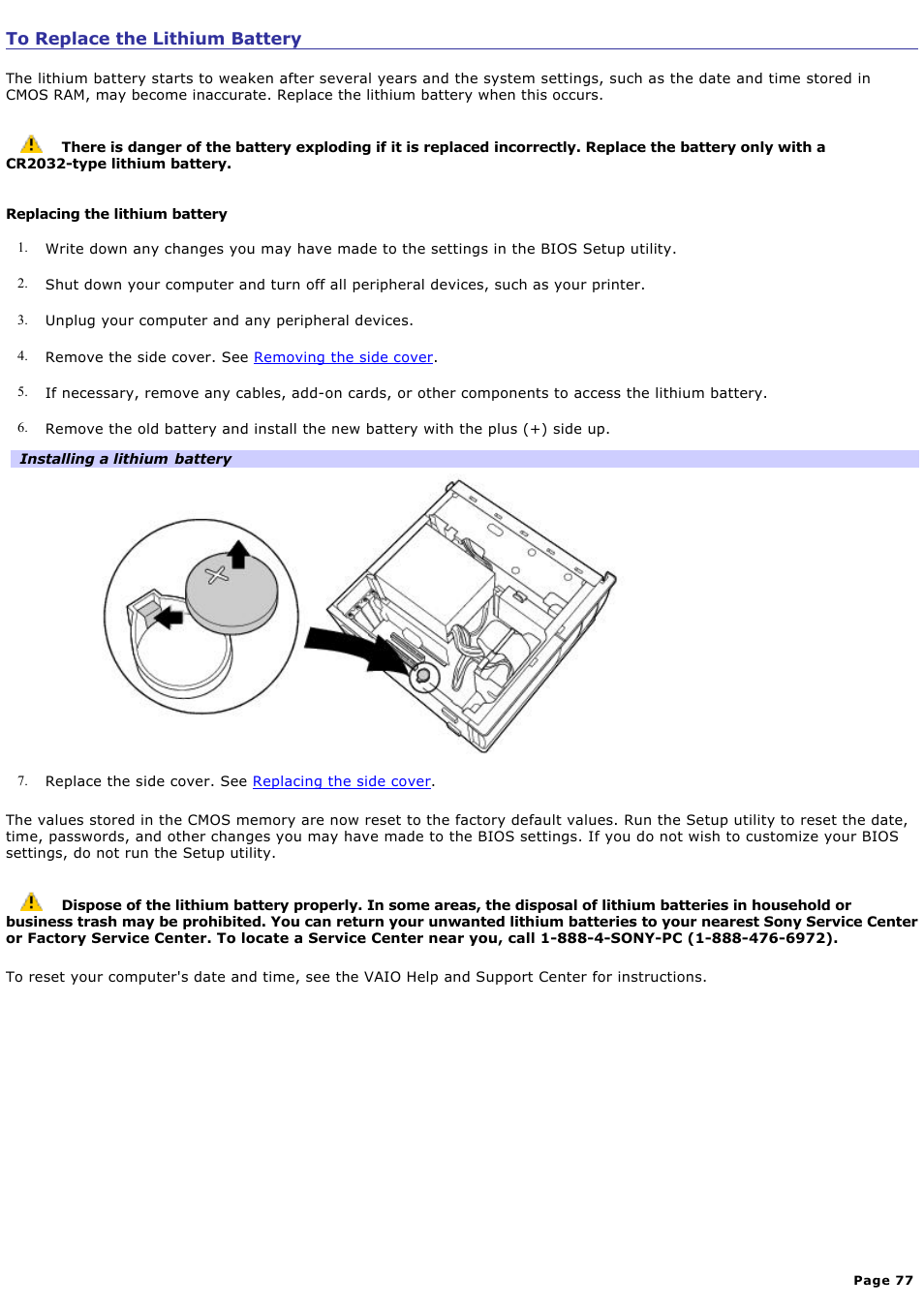 To replace the lithium battery | Sony PCV-RX742 User Manual | Page 77 / 80