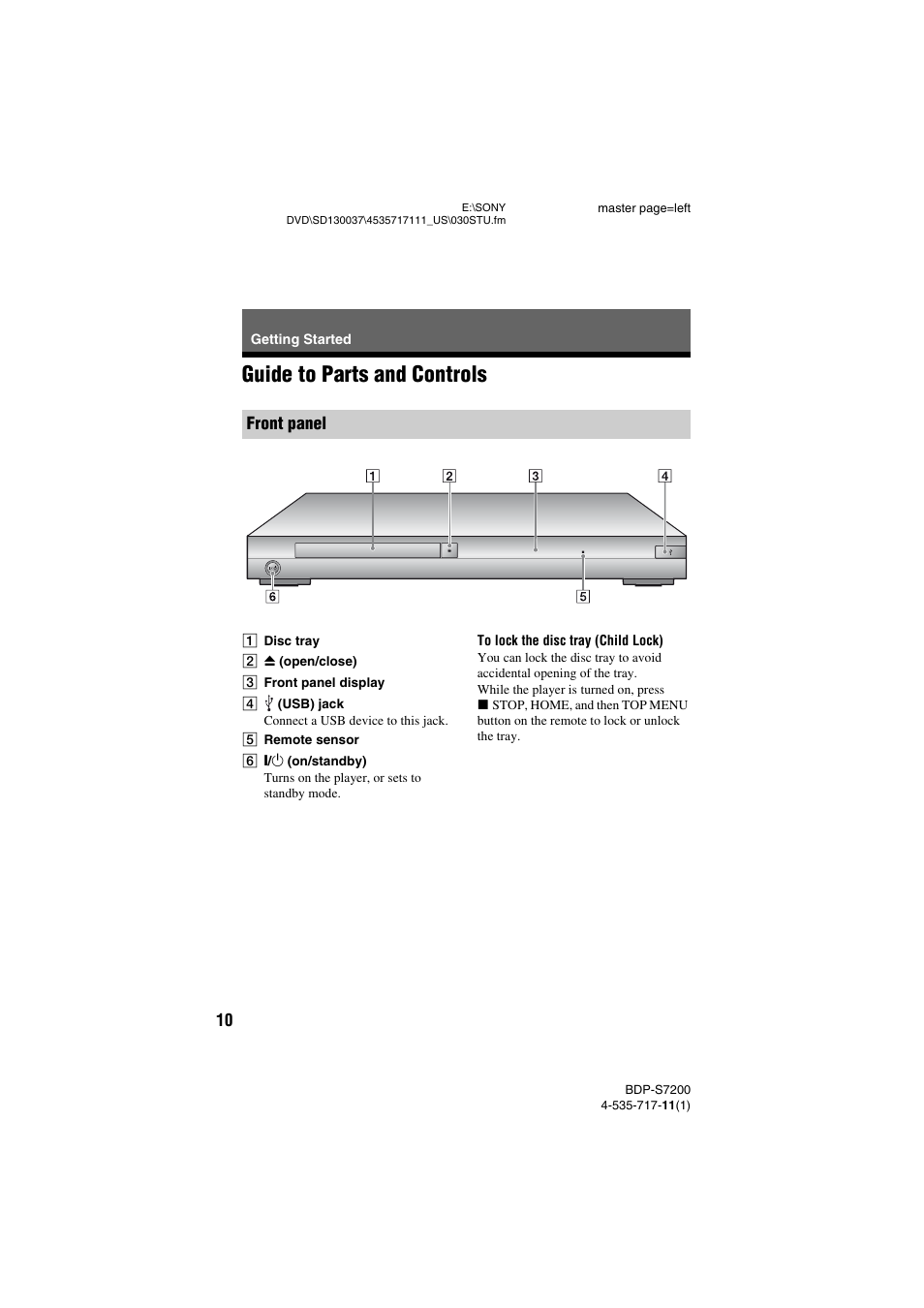 Getting started, Guide to parts and controls | Sony BDP-S7200 User Manual | Page 10 / 48