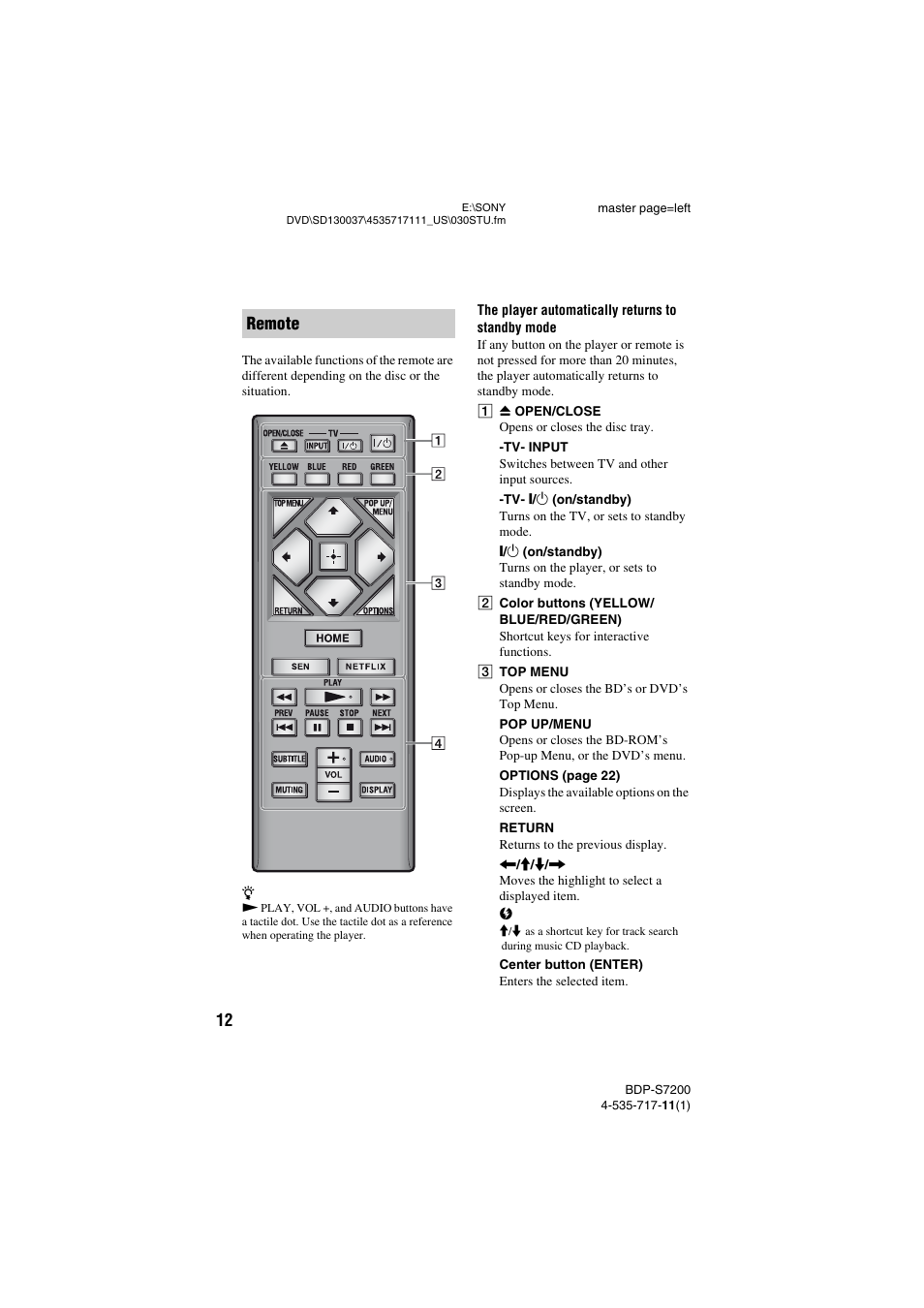 Remote | Sony BDP-S7200 User Manual | Page 12 / 48