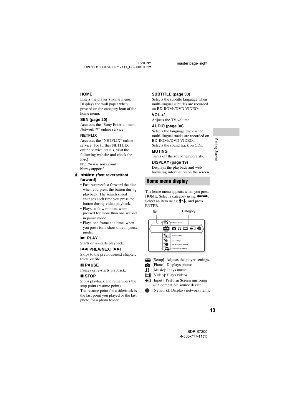 Home menu display | Sony BDP-S7200 User Manual | Page 13 / 48