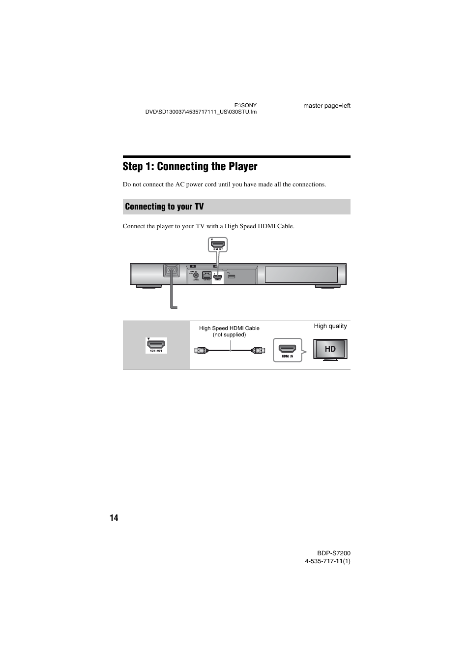 Step 1: connecting the player, Connecting to your tv | Sony BDP-S7200 User Manual | Page 14 / 48