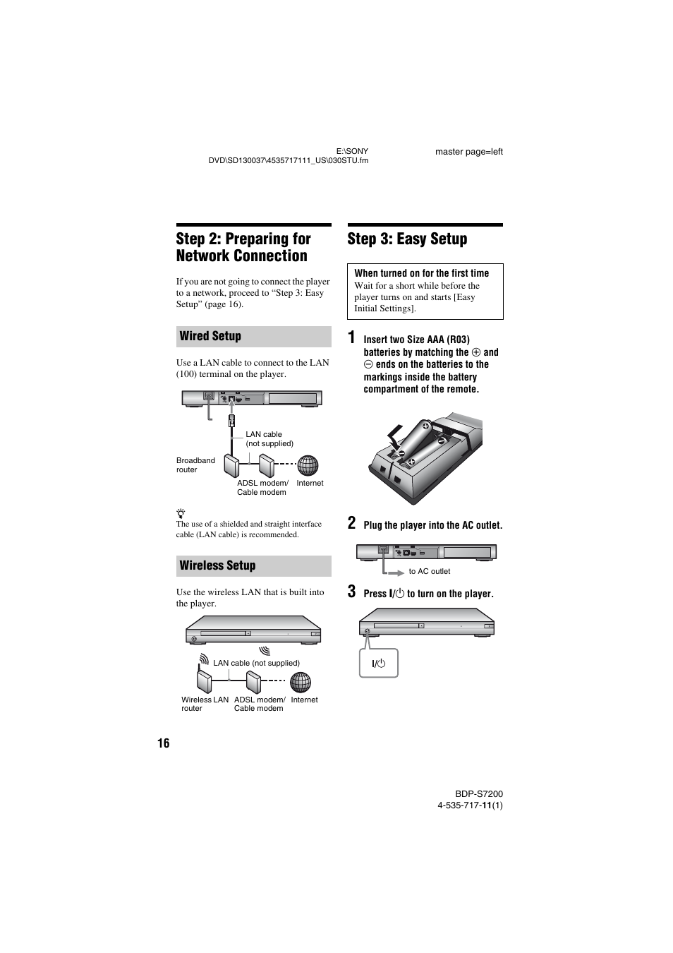 Step 2: preparing for network connection, Step 3: easy setup | Sony BDP-S7200 User Manual | Page 16 / 48