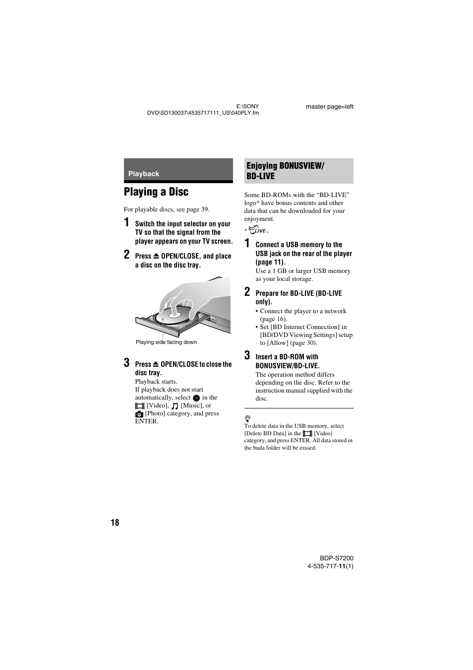 Playback, Playing a disc | Sony BDP-S7200 User Manual | Page 18 / 48