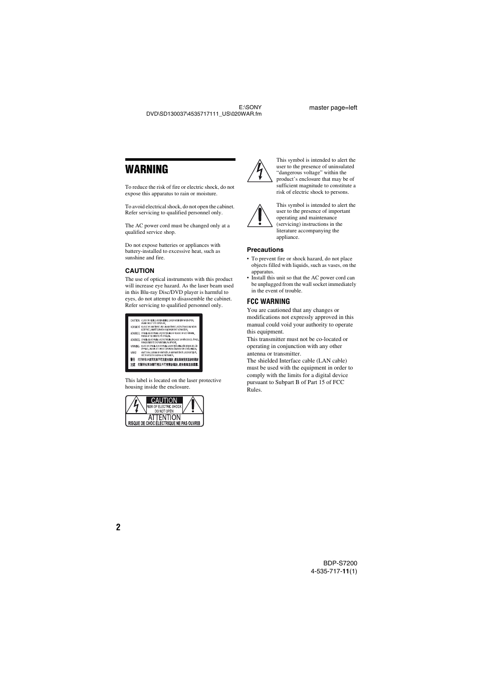 Warning | Sony BDP-S7200 User Manual | Page 2 / 48