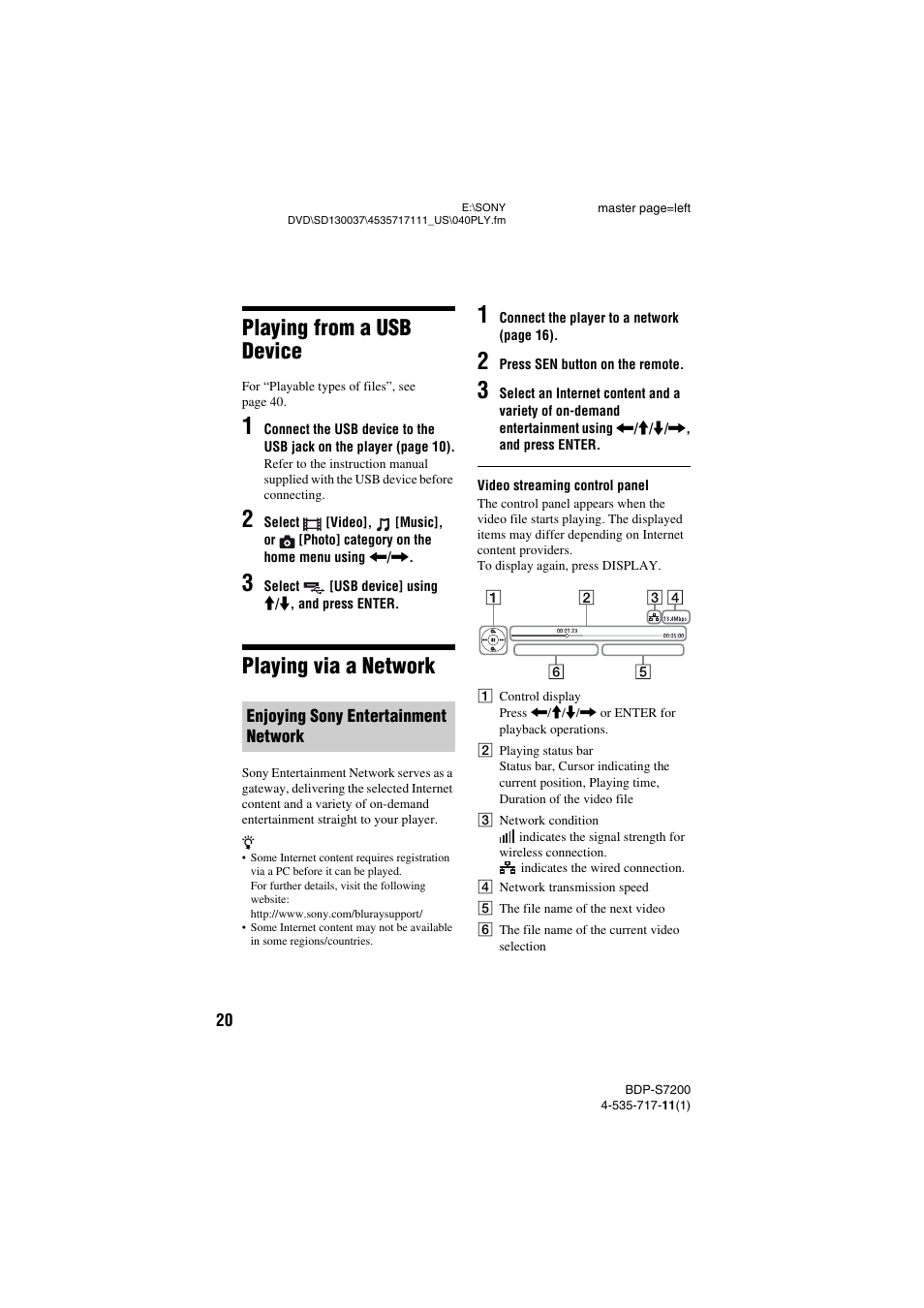 Playing from a usb device, Playing via a network | Sony BDP-S7200 User Manual | Page 20 / 48