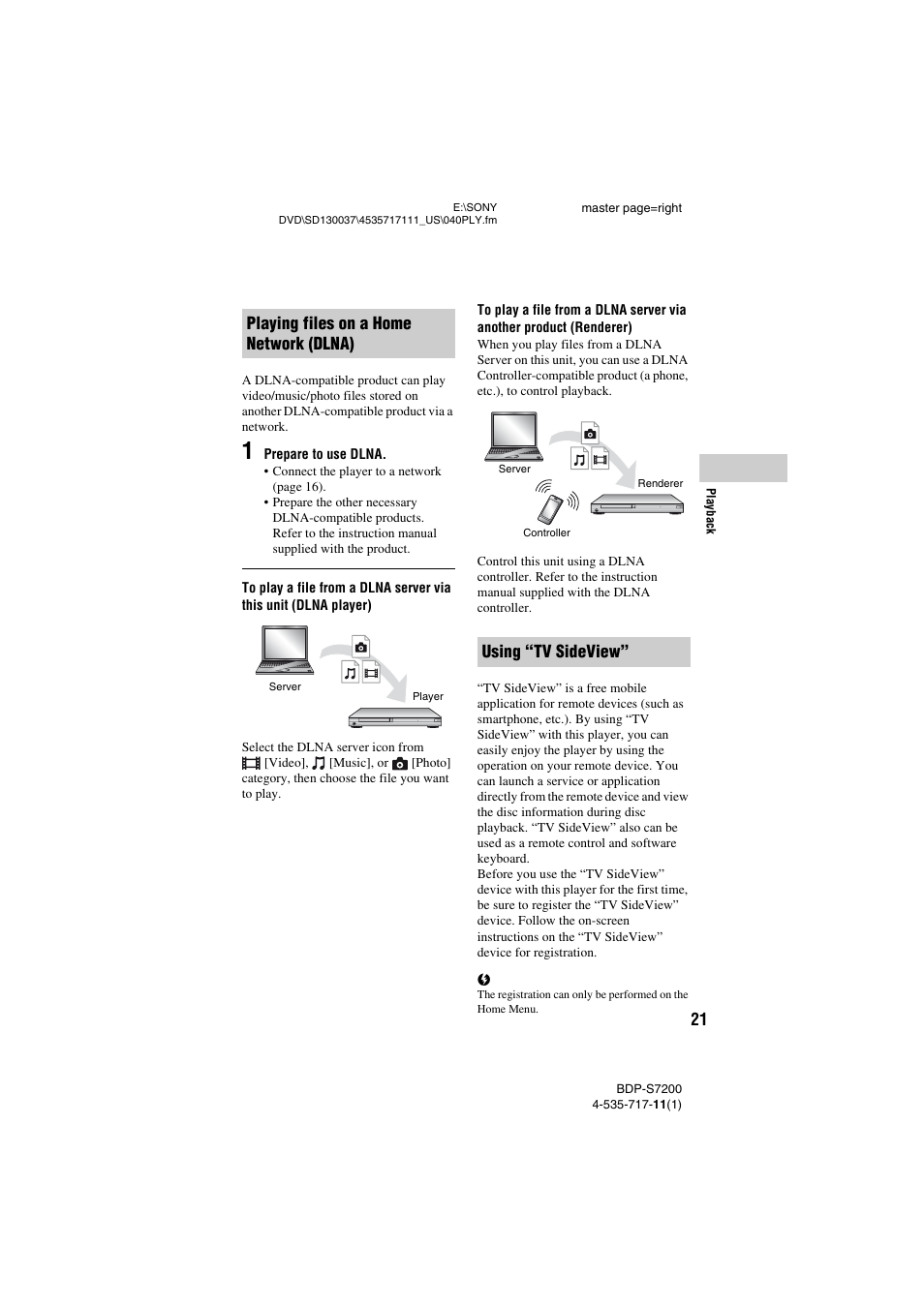 Playing files on a home network (dlna), Using “tv sideview | Sony BDP-S7200 User Manual | Page 21 / 48