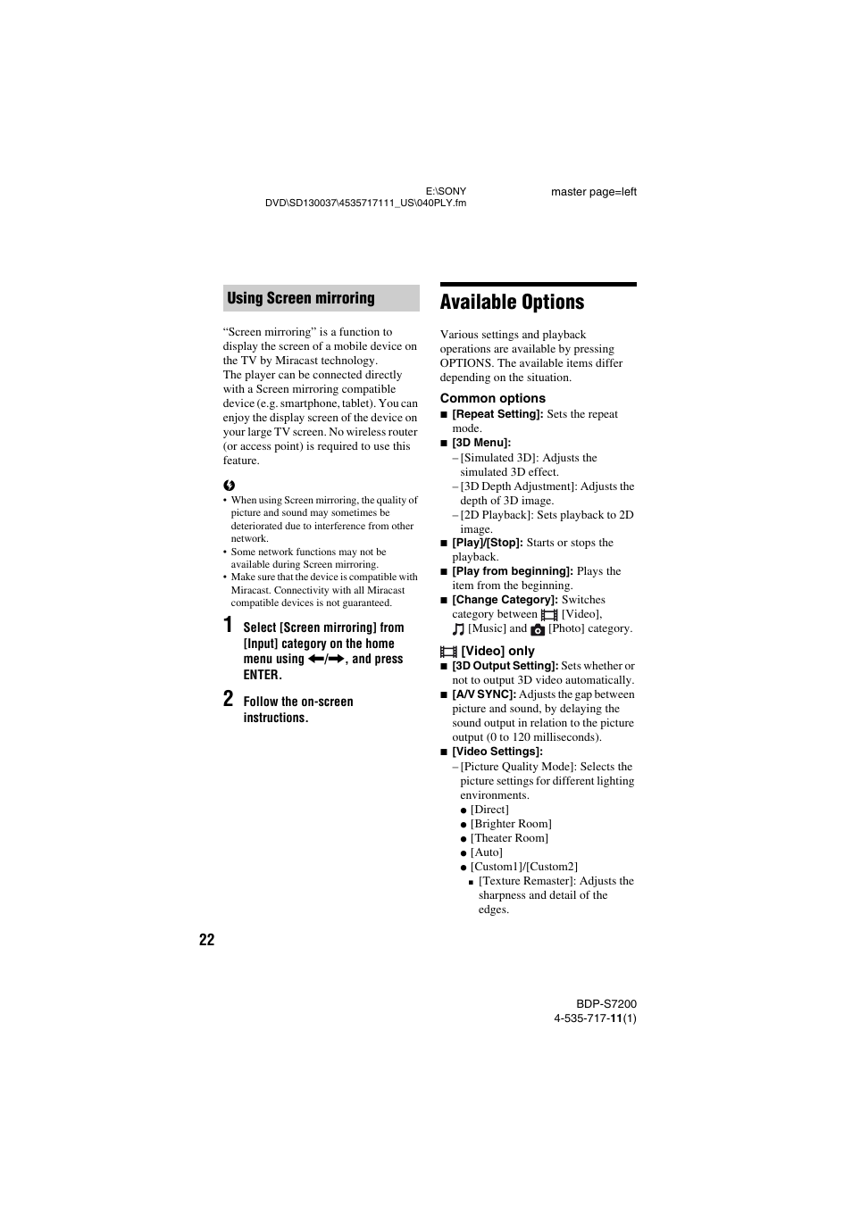 Available options, Using screen mirroring | Sony BDP-S7200 User Manual | Page 22 / 48