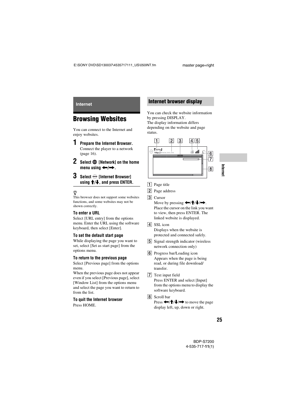 Internet, Browsing websites | Sony BDP-S7200 User Manual | Page 25 / 48