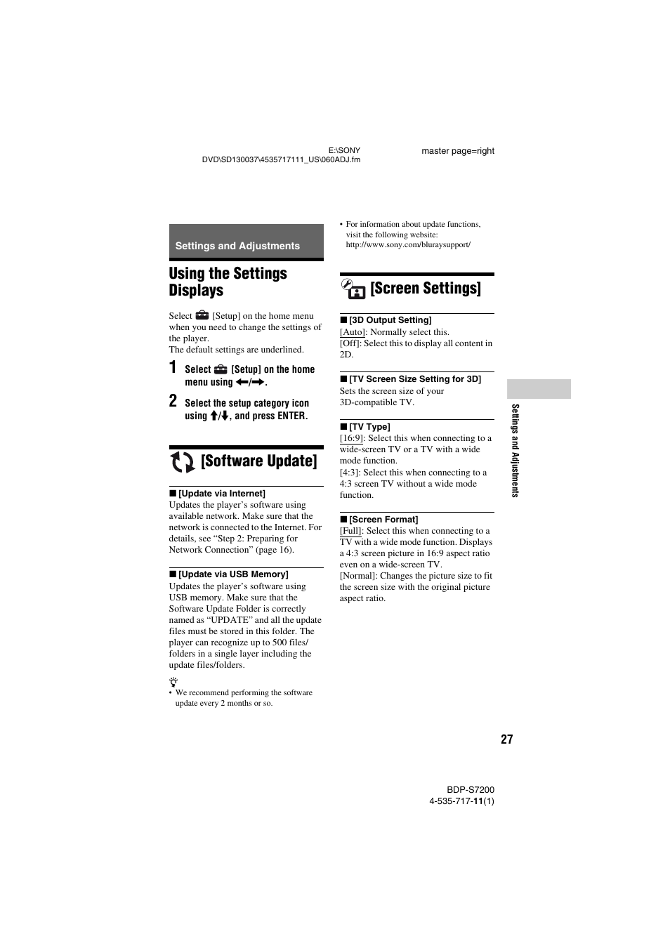 Settings and adjustments, Using the settings displays, Software update | Screen settings | Sony BDP-S7200 User Manual | Page 27 / 48