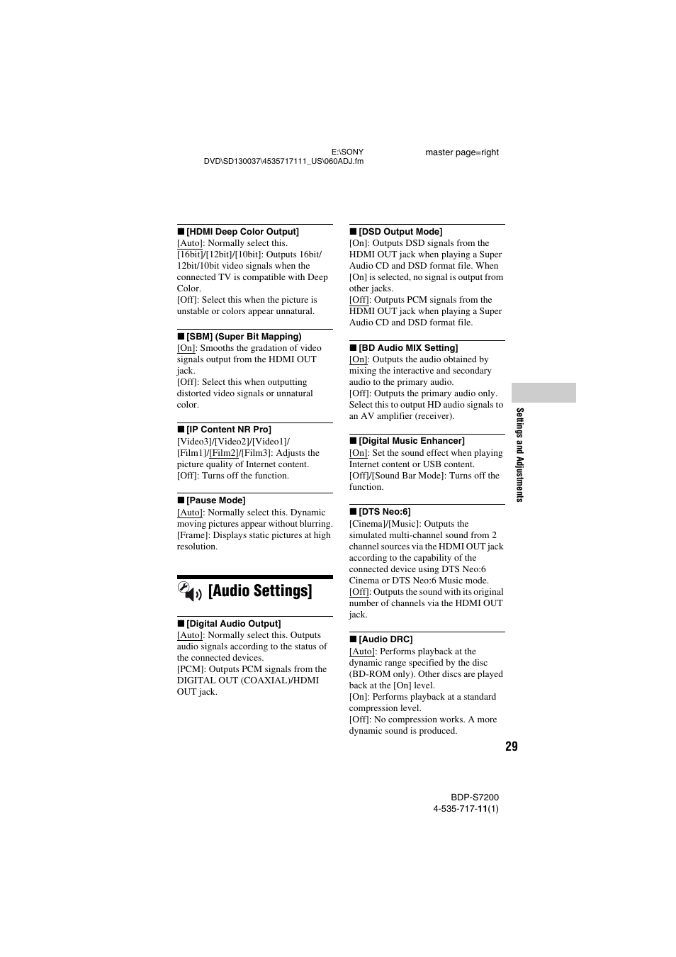 Audio settings | Sony BDP-S7200 User Manual | Page 29 / 48