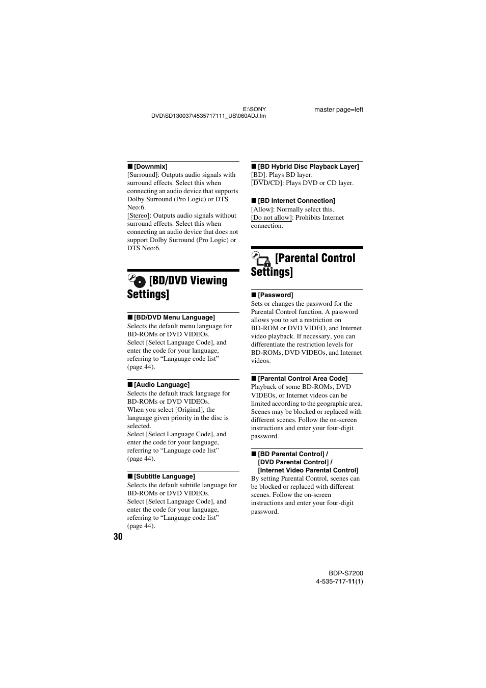 Bd/dvd viewing settings, Parental control settings | Sony BDP-S7200 User Manual | Page 30 / 48