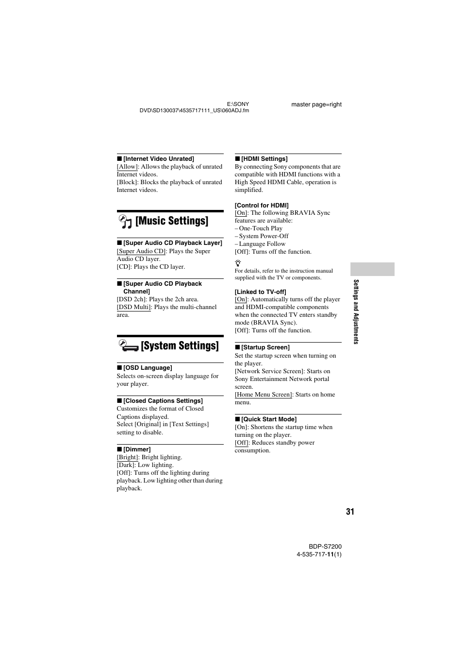 Music settings, System settings | Sony BDP-S7200 User Manual | Page 31 / 48