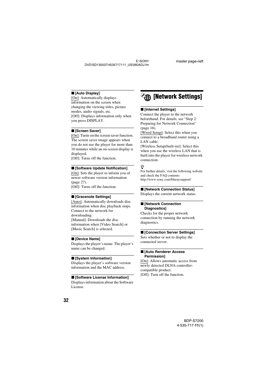 Network settings | Sony BDP-S7200 User Manual | Page 32 / 48