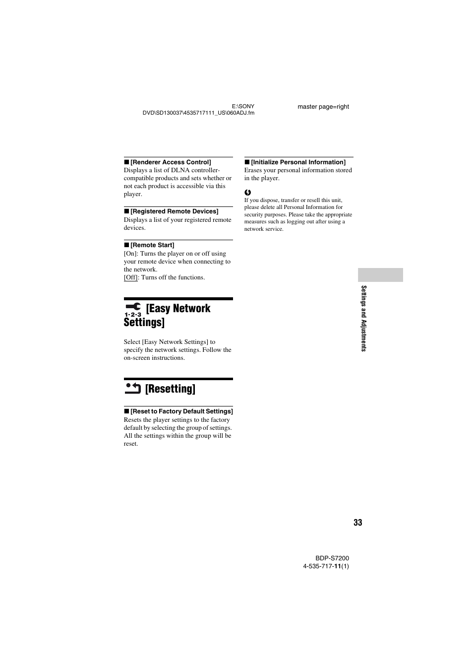 Easy network settings, Resetting | Sony BDP-S7200 User Manual | Page 33 / 48