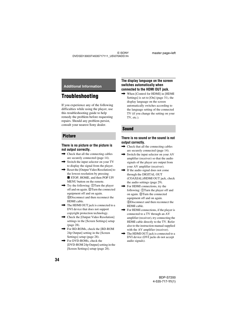 Additional information, Troubleshooting, Picture sound | Sony BDP-S7200 User Manual | Page 34 / 48