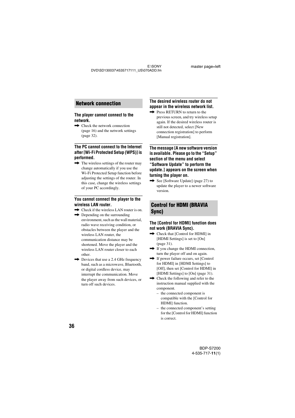 Network connection control for hdmi (bravia sync) | Sony BDP-S7200 User Manual | Page 36 / 48