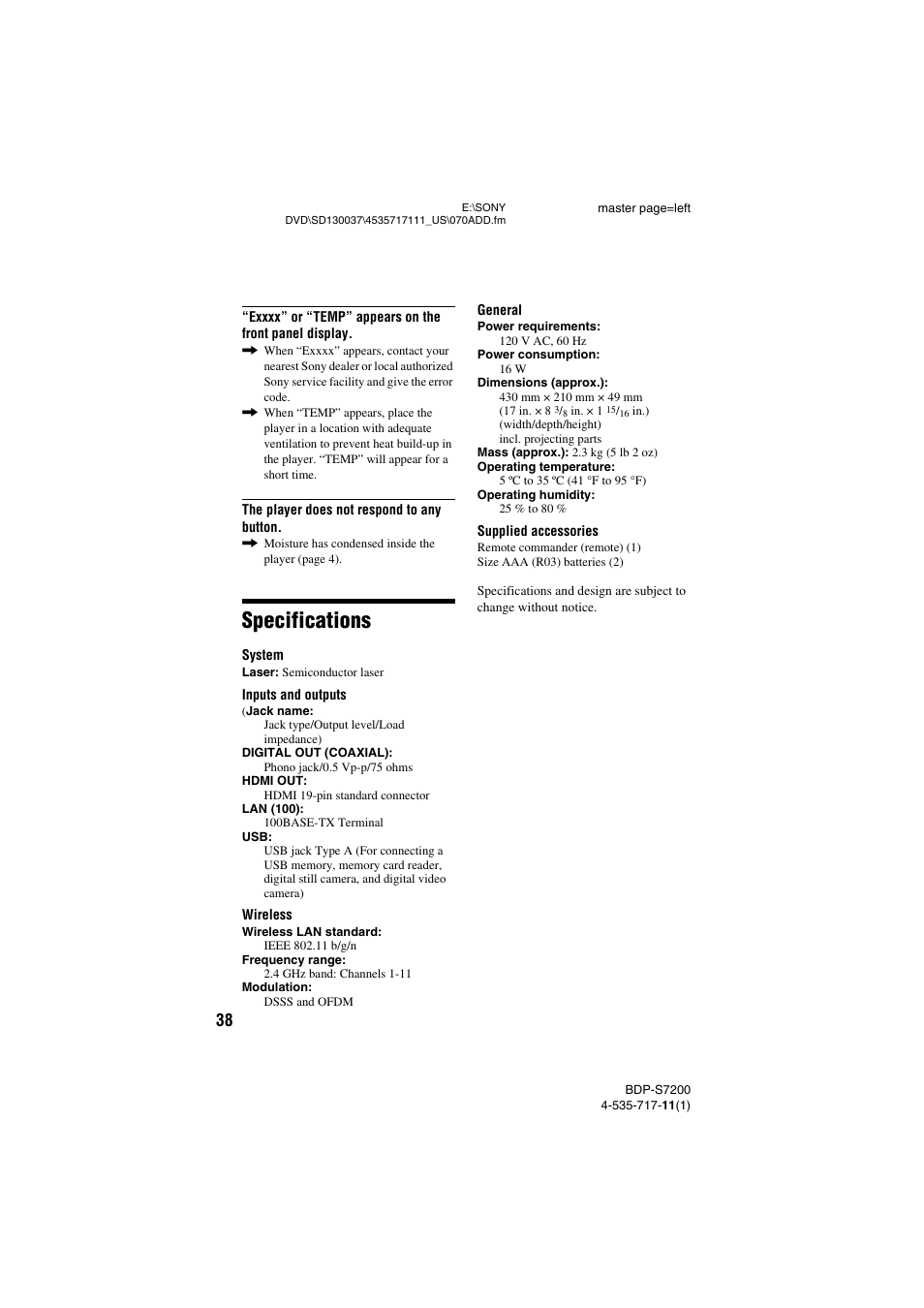 Specifications | Sony BDP-S7200 User Manual | Page 38 / 48