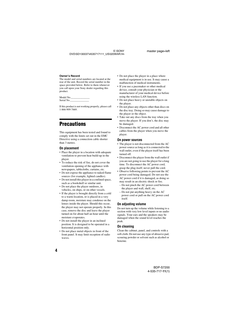 Precautions | Sony BDP-S7200 User Manual | Page 4 / 48