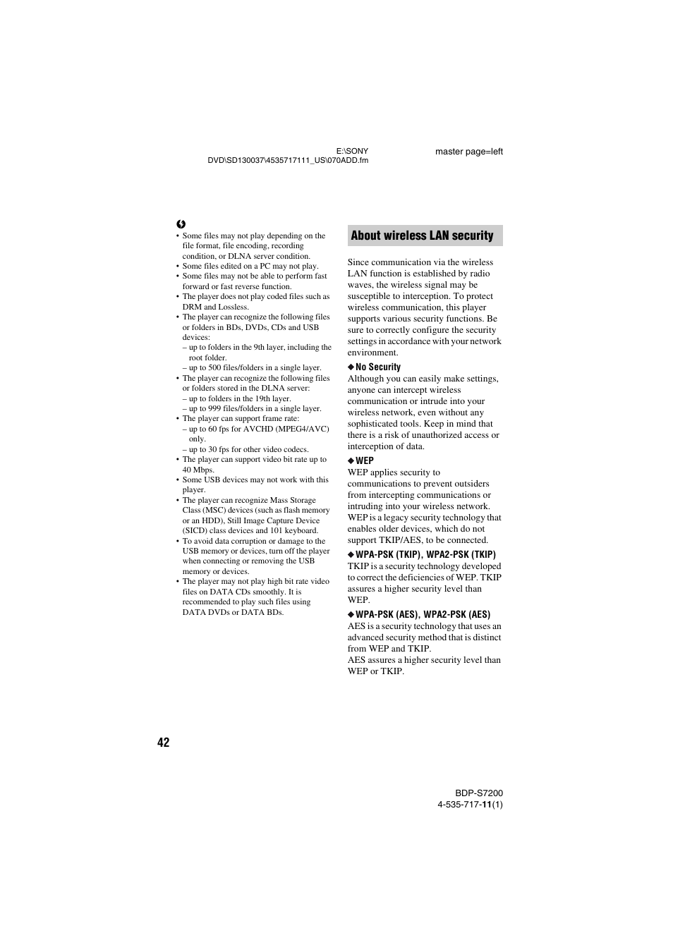 About wireless lan security | Sony BDP-S7200 User Manual | Page 42 / 48