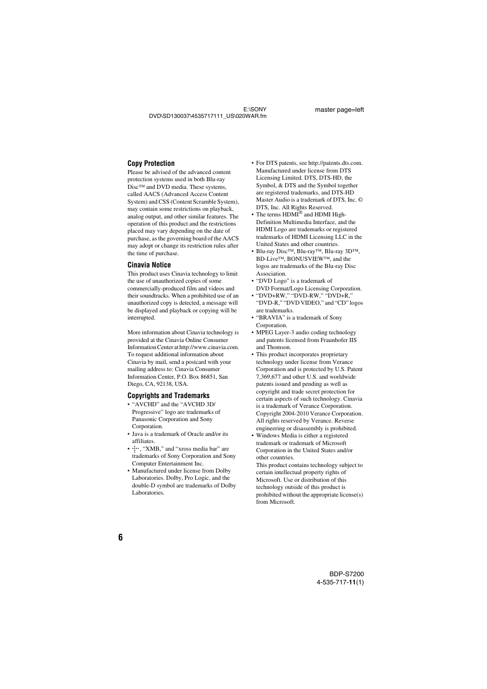 Sony BDP-S7200 User Manual | Page 6 / 48