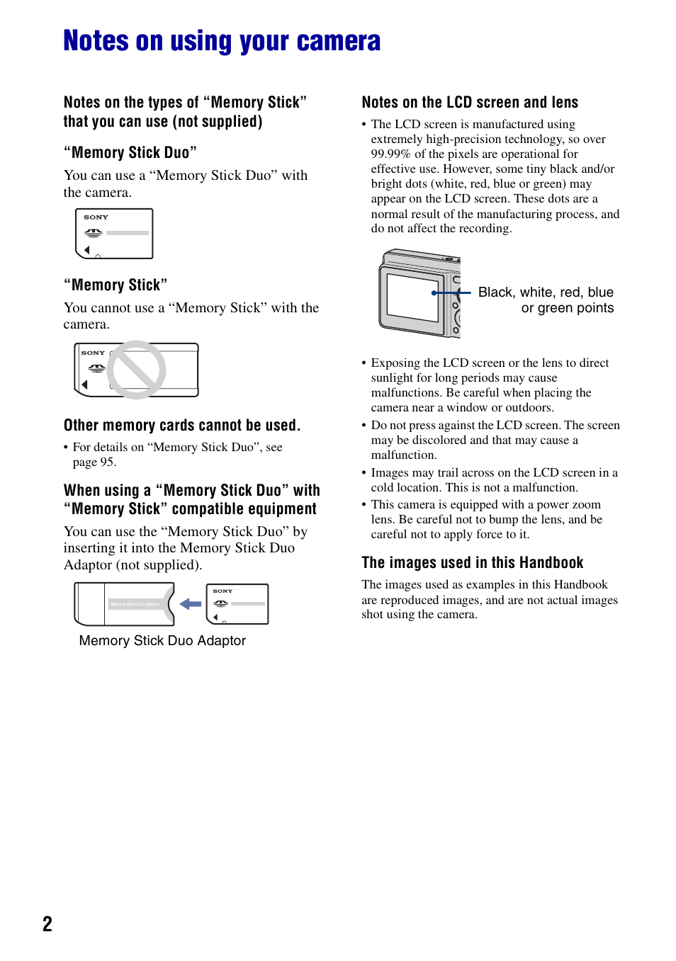 Notes on using your camera | Sony DSC-S730 User Manual | Page 2 / 100
