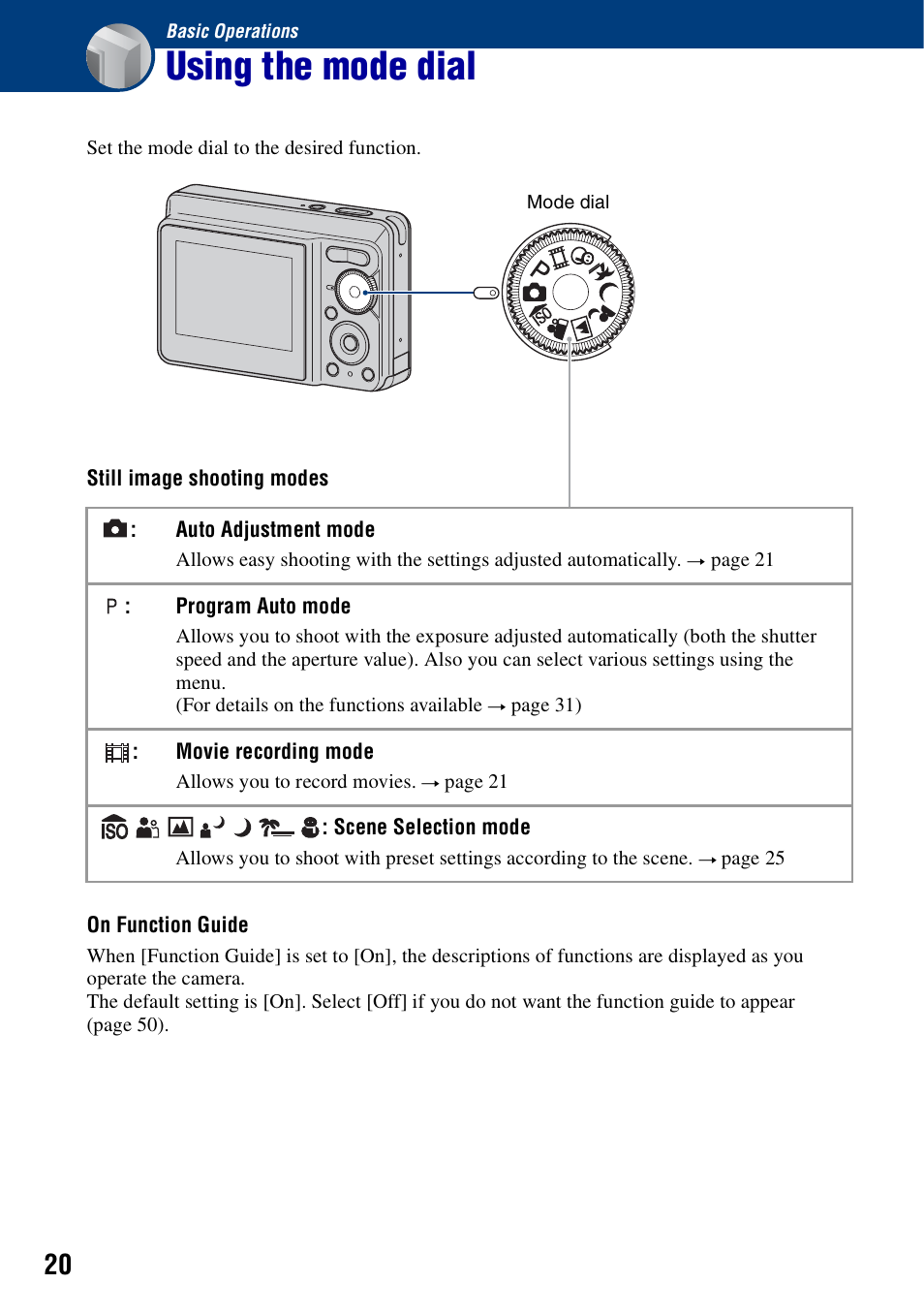 Basic operations, Using the mode dial | Sony DSC-S730 User Manual | Page 20 / 100