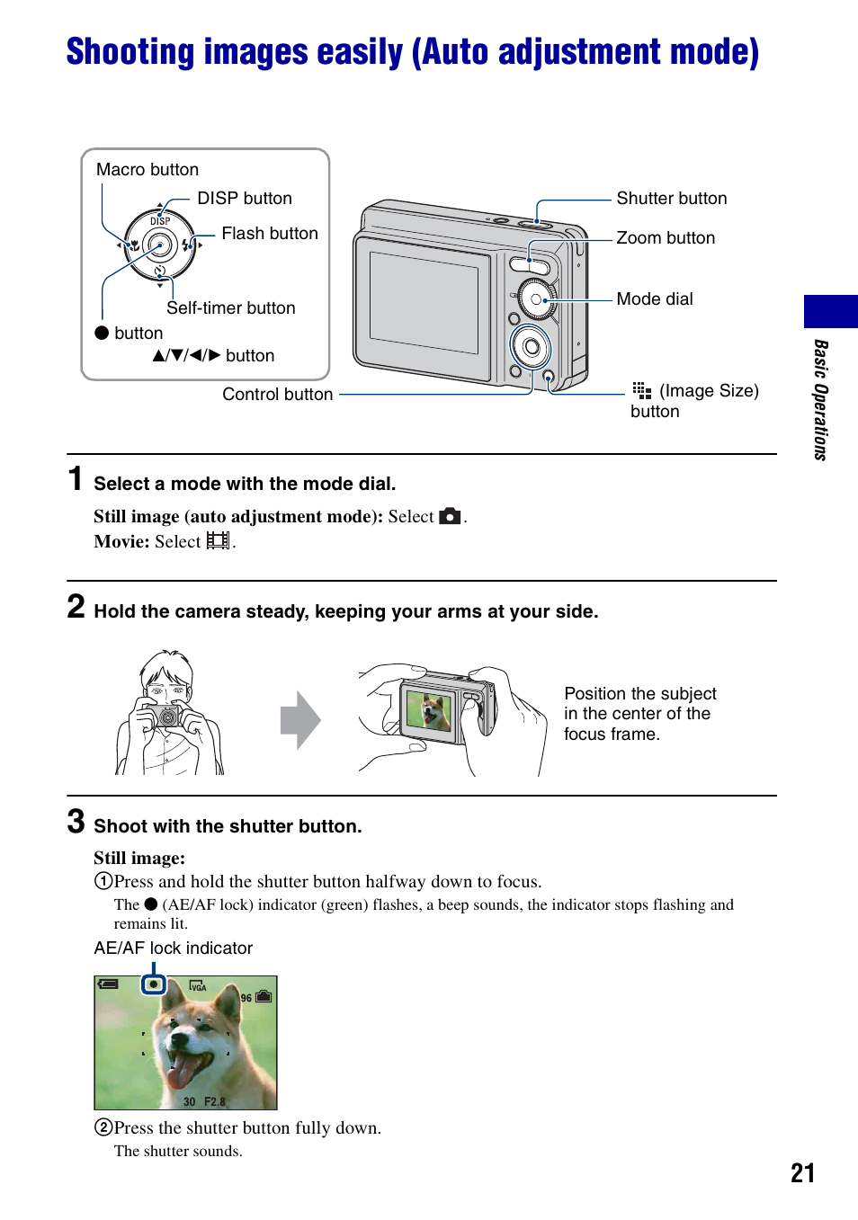 Shooting images easily (auto adjustment mode) | Sony DSC-S730 User Manual | Page 21 / 100