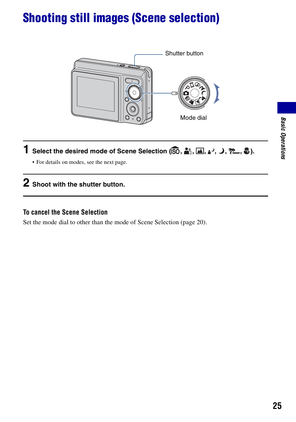 Shooting still images (scene selection) | Sony DSC-S730 User Manual | Page 25 / 100