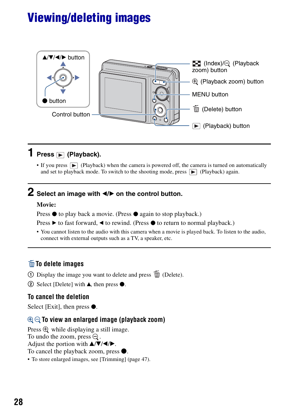 Viewing/deleting images, On (28) | Sony DSC-S730 User Manual | Page 28 / 100