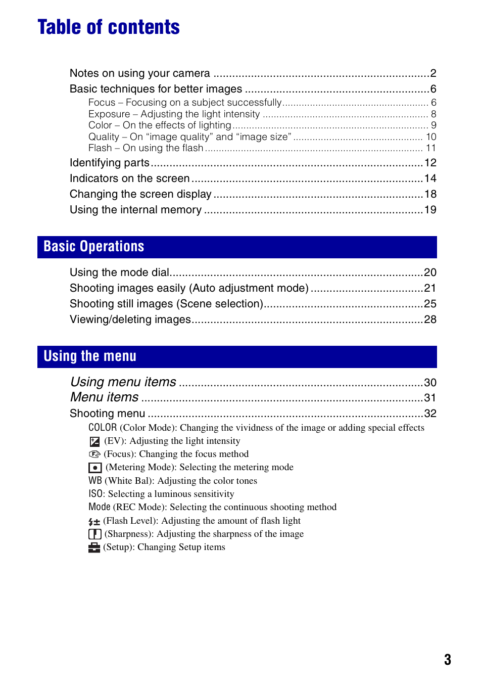 Sony DSC-S730 User Manual | Page 3 / 100