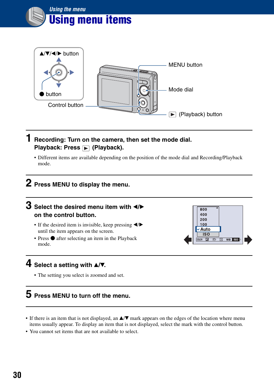 Using the menu, Using menu items, Nu (30) | Sony DSC-S730 User Manual | Page 30 / 100
