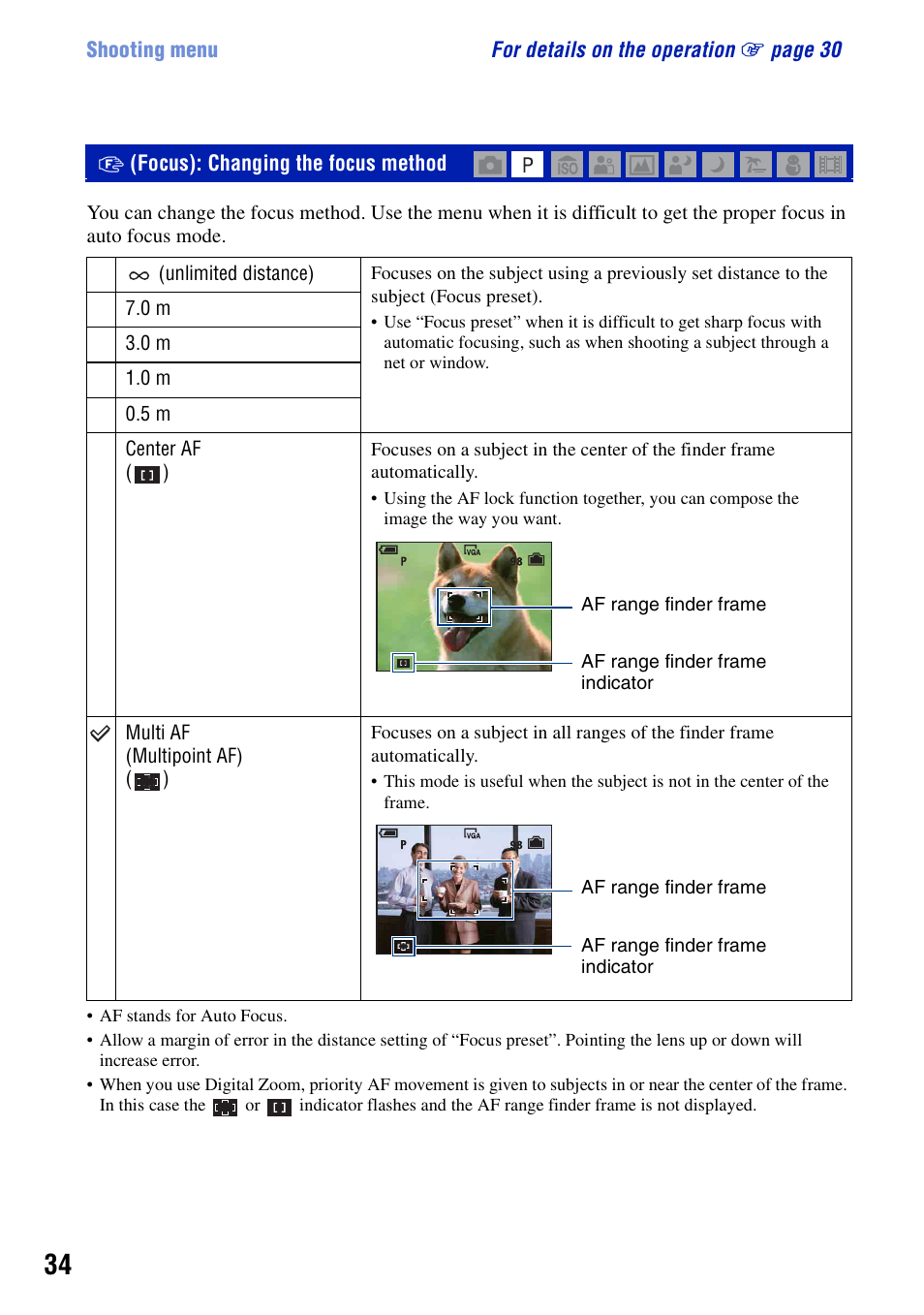 Focus: changing the focus method, Focus): changing the focus method, Ce (34) | Sony DSC-S730 User Manual | Page 34 / 100