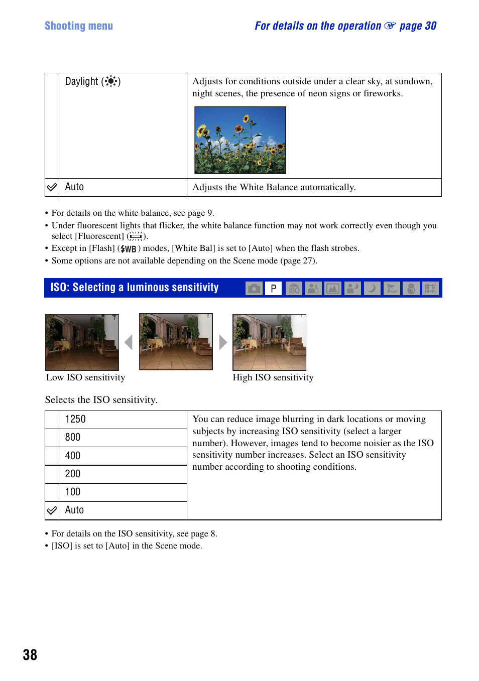 Iso: selecting a luminous sensitivity | Sony DSC-S730 User Manual | Page 38 / 100