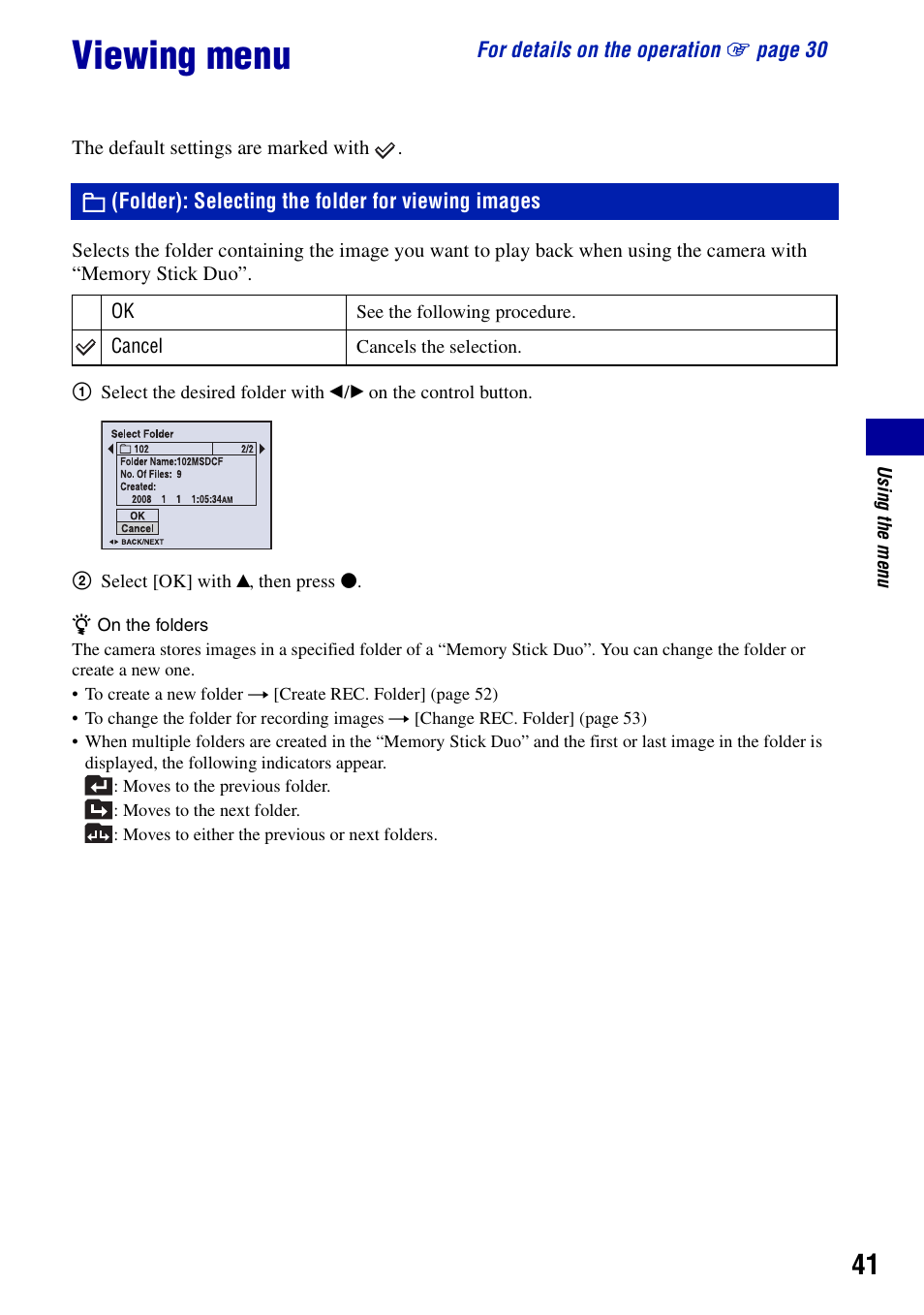 Viewing menu, Folder: selecting the folder for viewing images, Folder): selecting the folder for viewing images | Sony DSC-S730 User Manual | Page 41 / 100