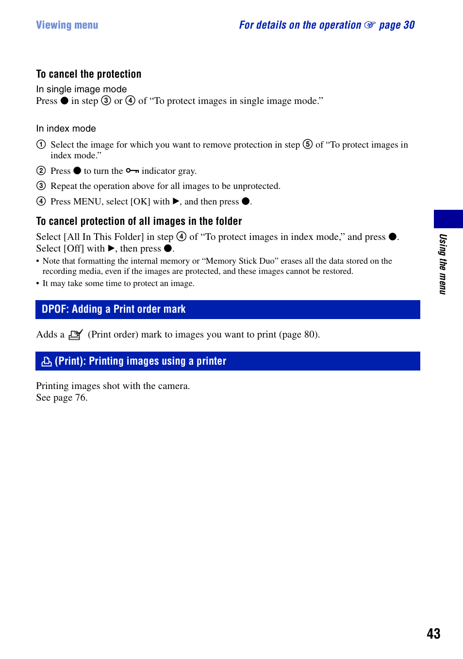 Dpof: adding a print order mark, Print: printing images using a printer, Print): printing images using a printer | Sony DSC-S730 User Manual | Page 43 / 100