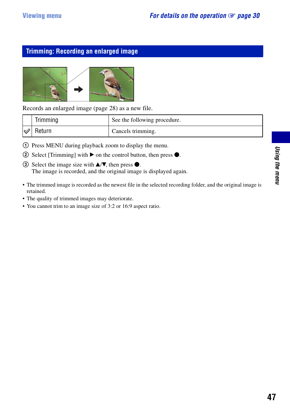 Trimming: recording an enlarged image | Sony DSC-S730 User Manual | Page 47 / 100