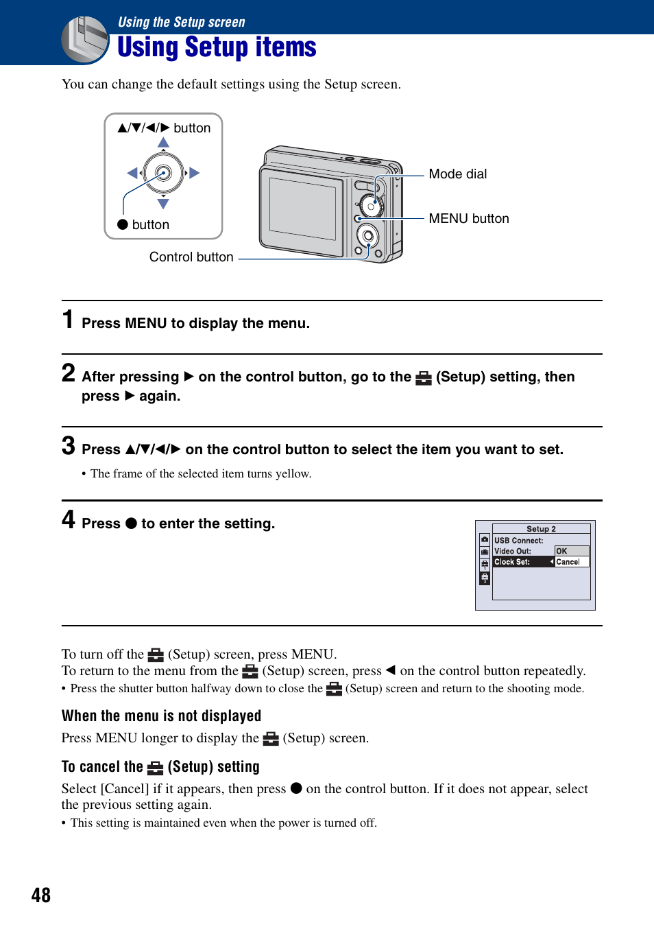 Using the setup screen, Using setup items | Sony DSC-S730 User Manual | Page 48 / 100