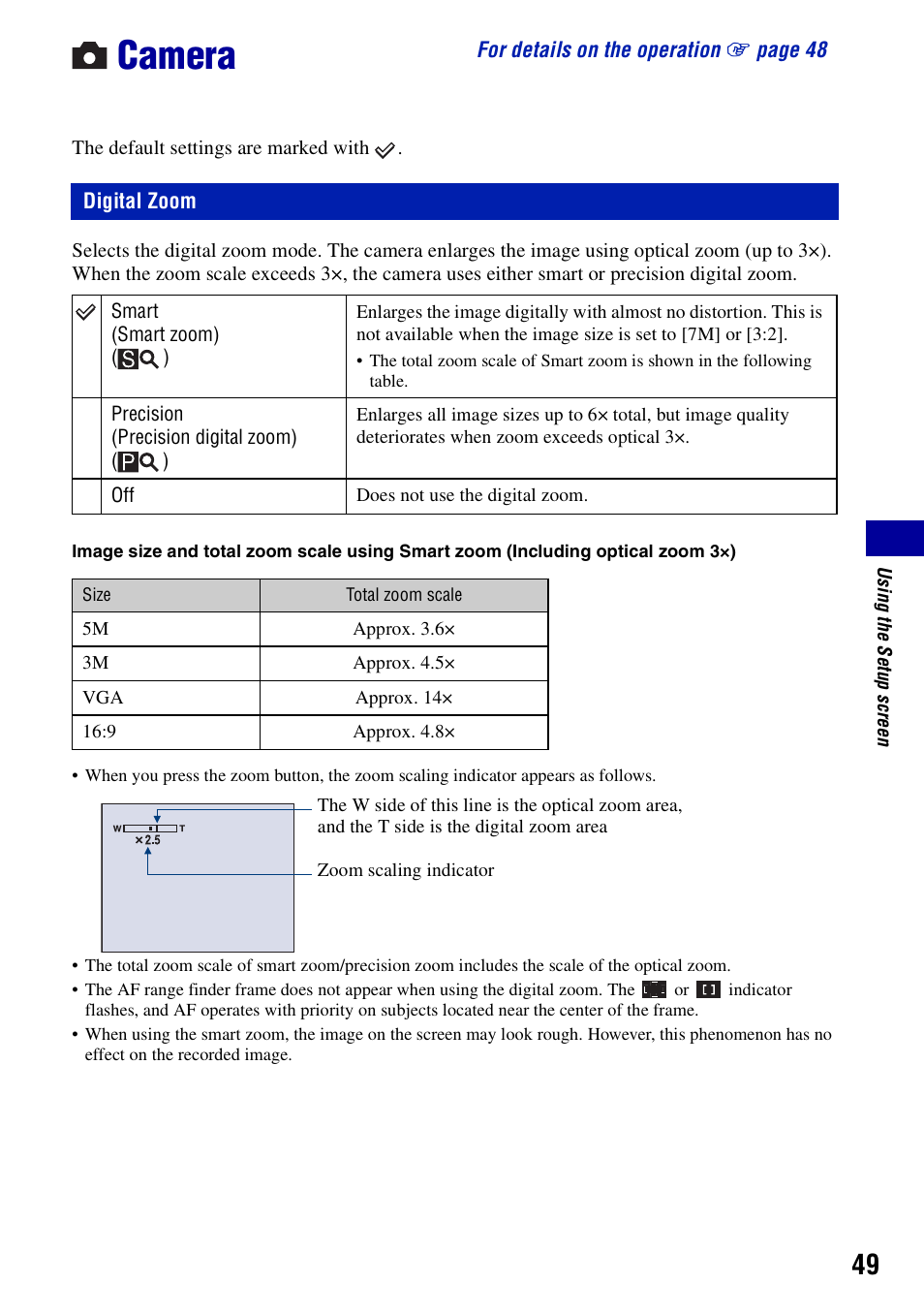 Camera, Digital zoom | Sony DSC-S730 User Manual | Page 49 / 100