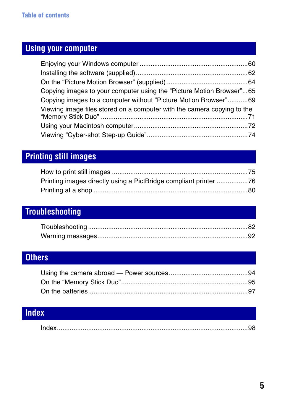Sony DSC-S730 User Manual | Page 5 / 100