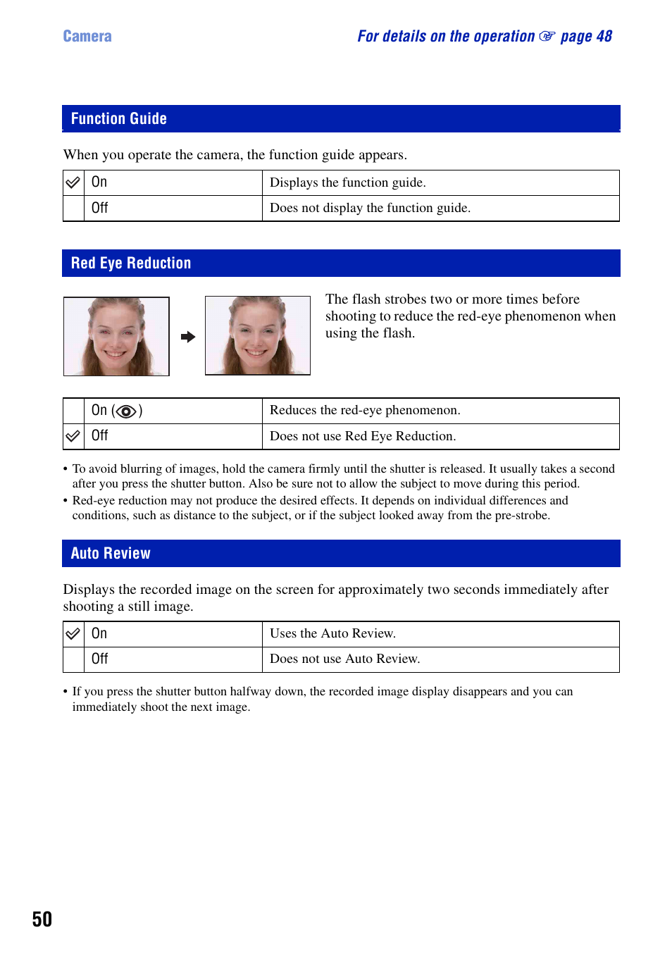 Function guide, Red eye reduction, Auto review | Red eye reduction auto review | Sony DSC-S730 User Manual | Page 50 / 100