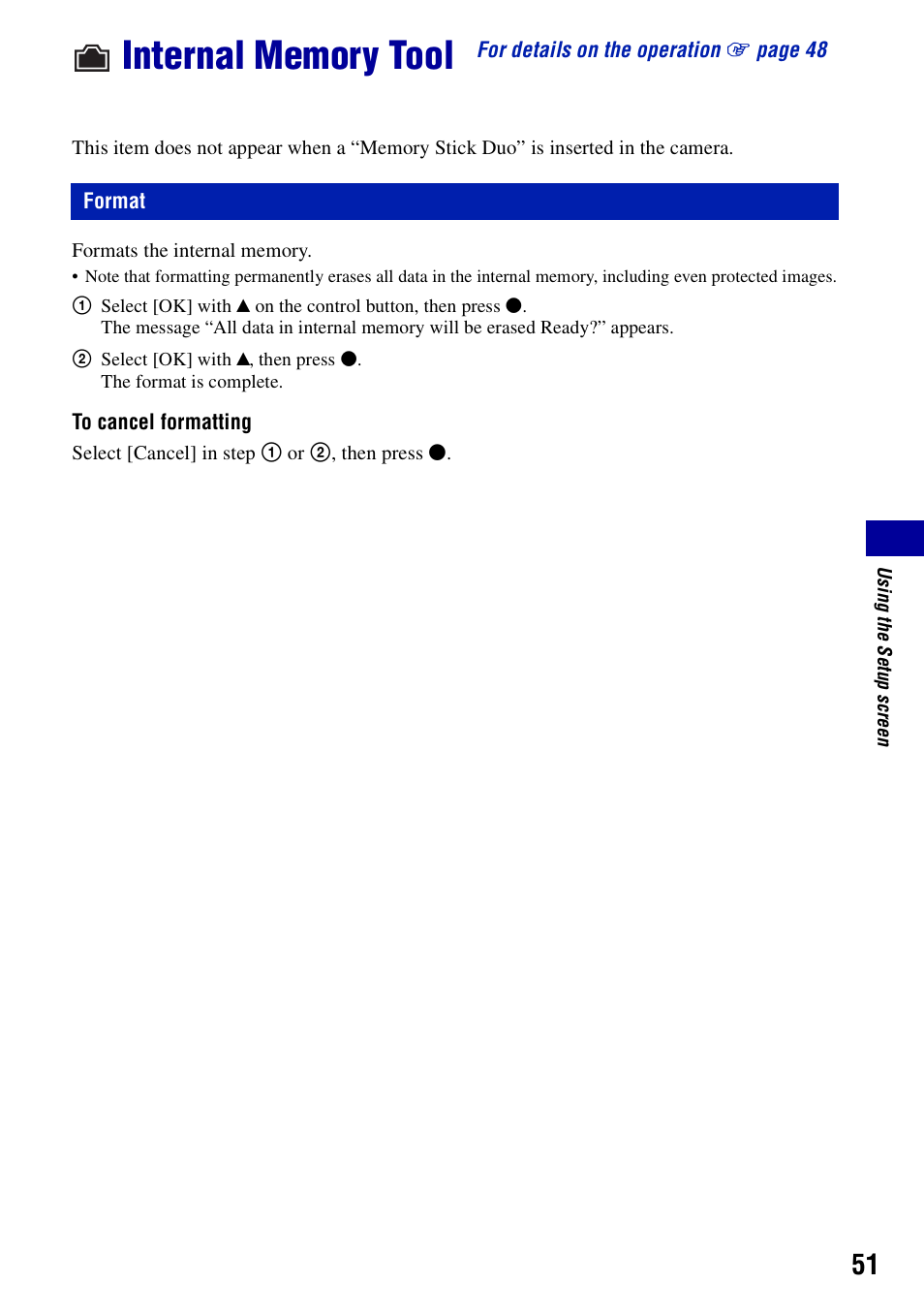 Internal memory tool, Format | Sony DSC-S730 User Manual | Page 51 / 100