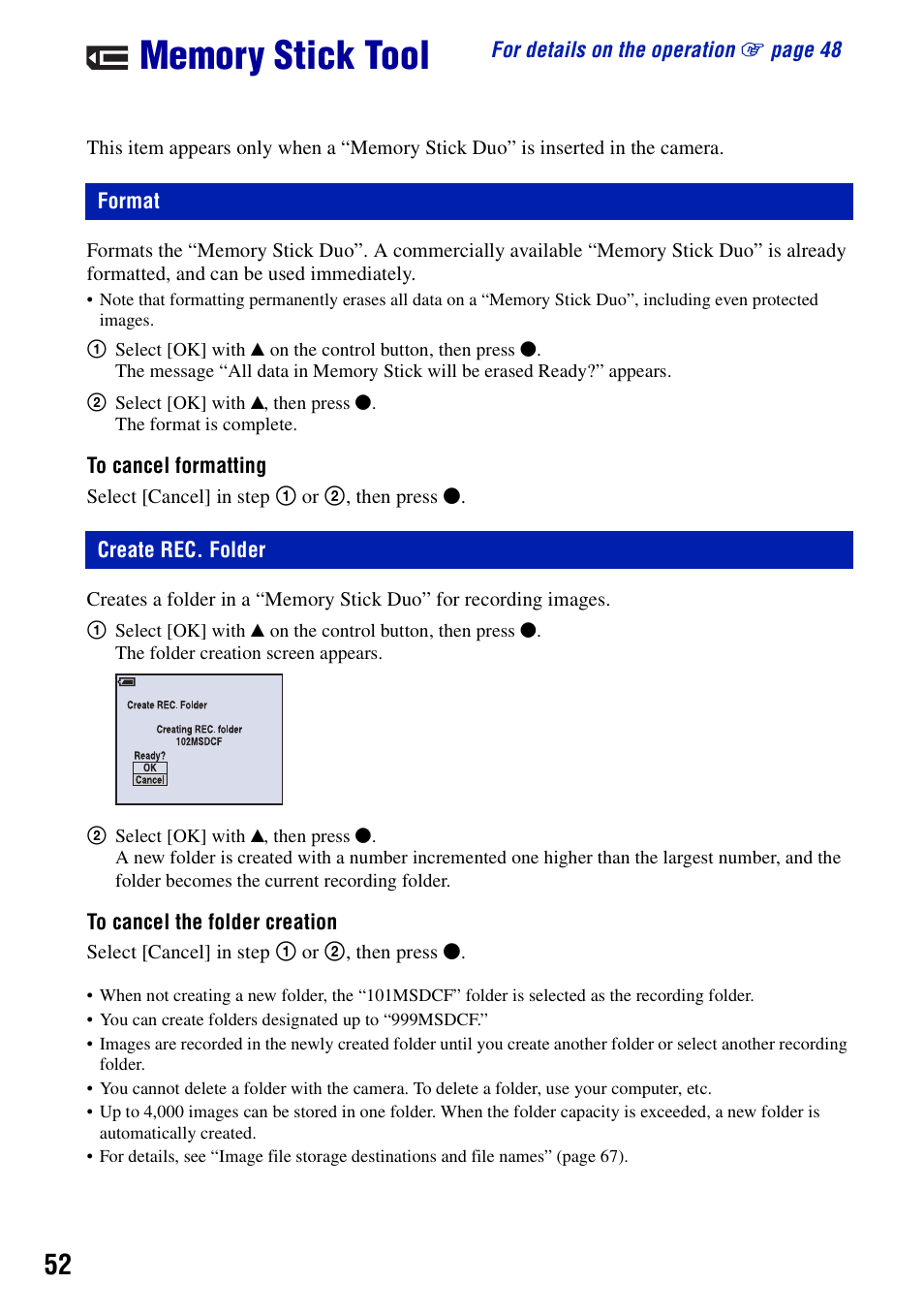 Memory stick tool, Format, Create rec. folder | Format create rec. folder | Sony DSC-S730 User Manual | Page 52 / 100