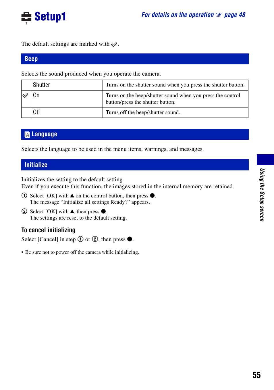Setup1, Beep, Language | Initialize | Sony DSC-S730 User Manual | Page 55 / 100