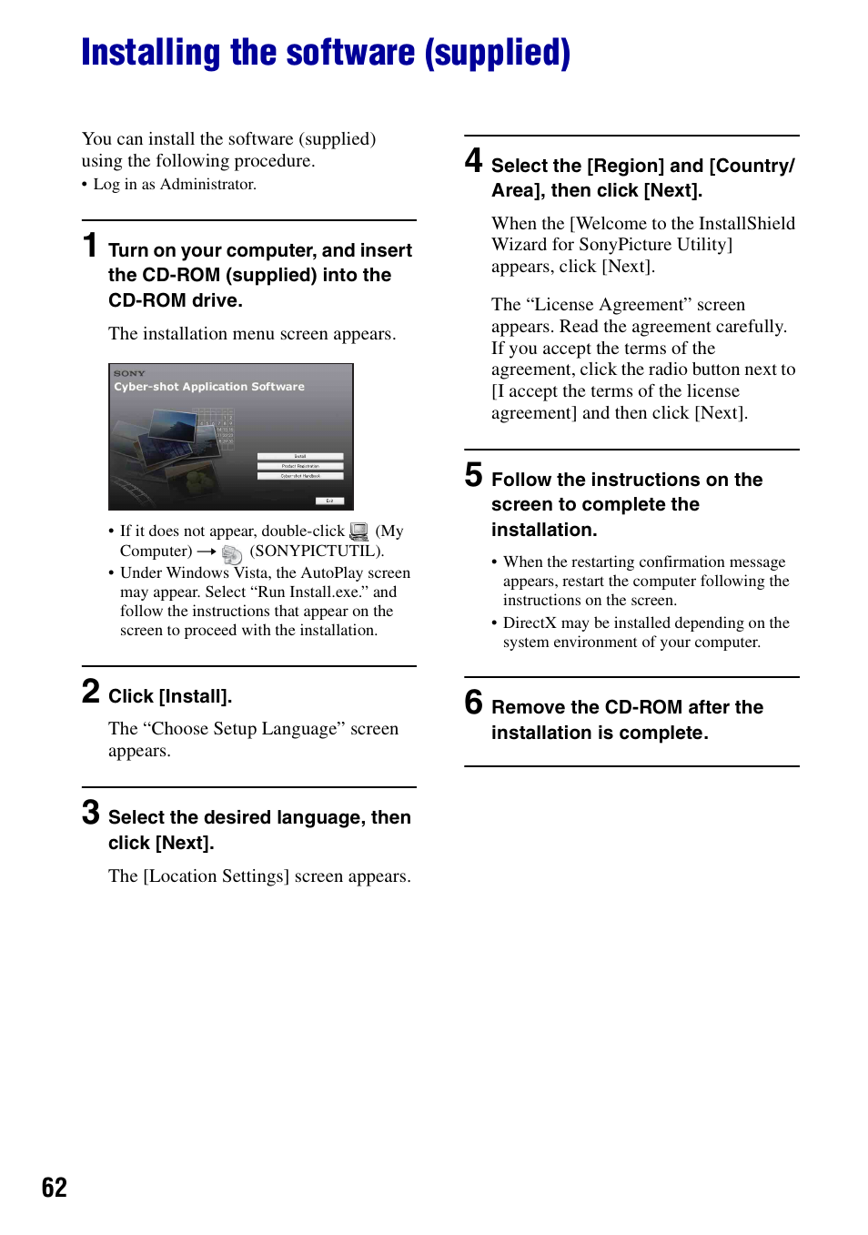 Installing the software (supplied) | Sony DSC-S730 User Manual | Page 62 / 100