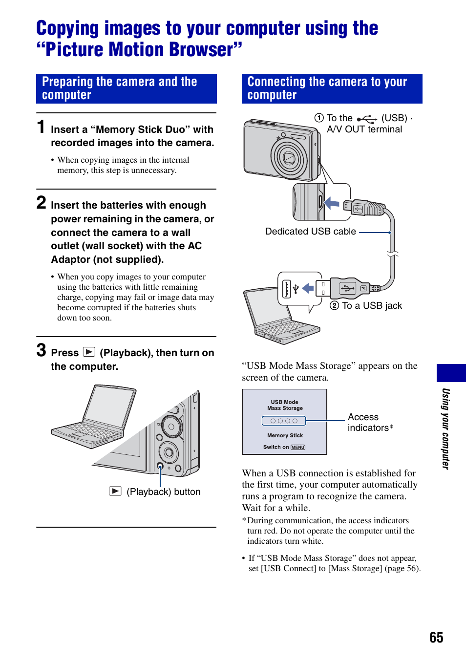 S 65, Preparing the camera and the computer, Connecting the camera to your computer | Sony DSC-S730 User Manual | Page 65 / 100