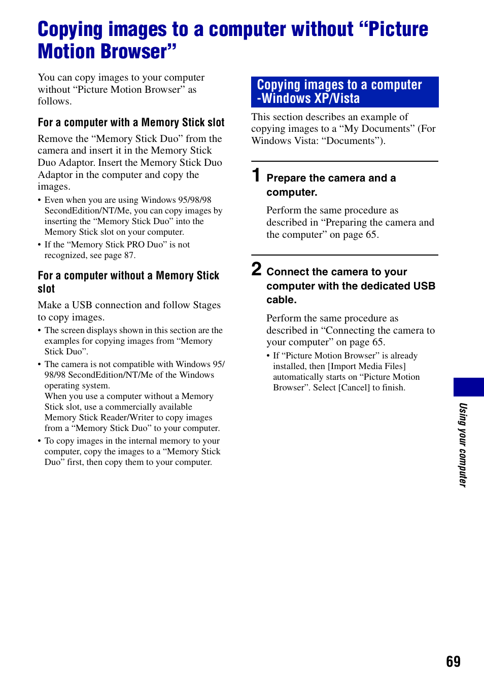 Copying images to a computer -windows xp/vista | Sony DSC-S730 User Manual | Page 69 / 100