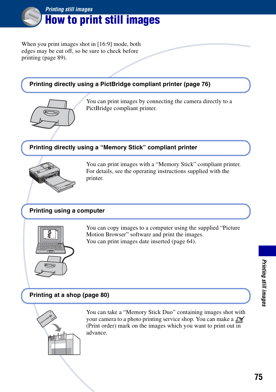 Printing still images, How to print still images | Sony DSC-S730 User Manual | Page 75 / 100