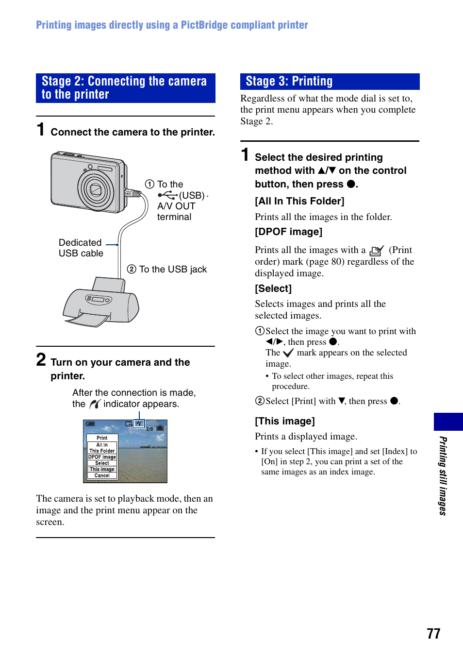 Stage 2: connecting the camera to the printer, Stage 3: printing | Sony DSC-S730 User Manual | Page 77 / 100