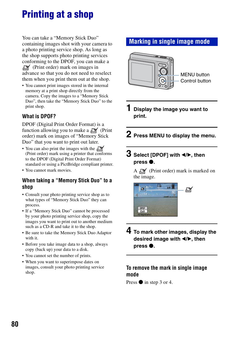 Printing at a shop, Marking in single image mode | Sony DSC-S730 User Manual | Page 80 / 100